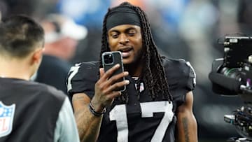 Dec 14, 2023; Paradise, Nevada, USA;  Las Vegas Raiders wide receiver Davante Adams (17) smiles after the game against the Los Angeles Chargers at Allegiant Stadium. Mandatory Credit: Stephen R. Sylvanie-Imagn Images