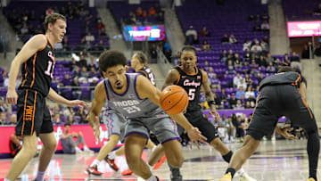 TCU's Noah Reynolds drives towards the basket in the win over Oklahoma State on February 12.