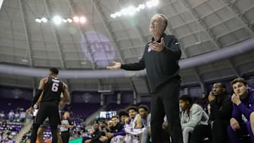 TCU Head Coach Jamie Dixon appealing a call against Oklahoma State 02/12/2025