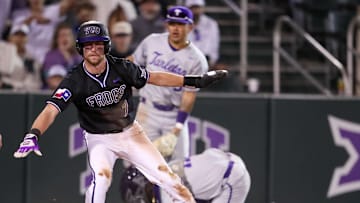 Cole Cramer after sliding into home plate against Tarleton State, 02/25/2025