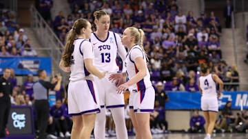 Sedona Prince, Madison Conner, and Hailey Van Lith talking during the TCU and Louisville game, 03/23/2025