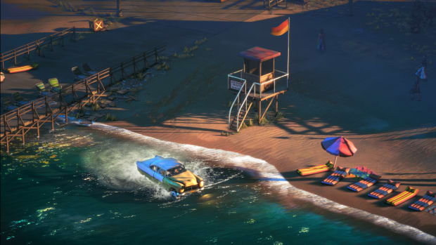 A 1950s car in the water close to the seashore at a beach, pier and lifeguard box visible in the background