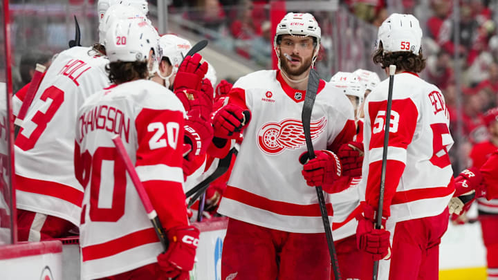 Mar 14, 2025; Raleigh, North Carolina, USA;  Detroit Red Wings center Michael Rasmussen (27) celebrates his goal against the Carolina Hurricanes during the third period at Lenovo Center. Mandatory Credit: James Guillory-Imagn Images