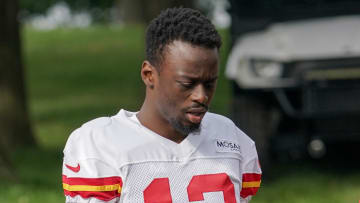 Jul 27, 2022; St. Joseph, MO, USA; Kansas City Chiefs safety Nazeeh Johnson (13) walks down the hill to the field prior to training camp at Missouri Western University.  Mandatory Credit: Denny Medley-USA TODAY Sports