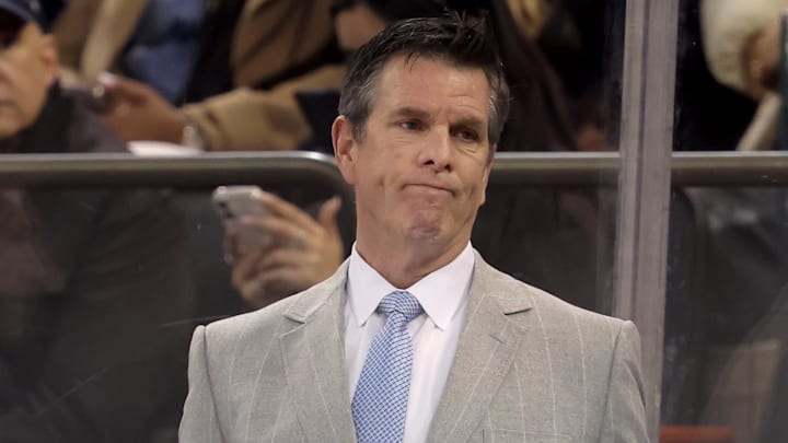 Jan 12, 2026; New York, New York, USA; New York Rangers head coach Mike Sullivan reacts as he coaches against the Seattle Kraken during the first period at Madison Square Garden. Mandatory Credit: Brad Penner-Imagn Images