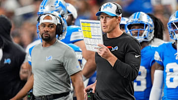 Detroit Lions offensive coordinator Ben Johnson calls a play against Pittsburgh Steelers during the first half of a preseason game at Ford Field in Detroit on Saturday, August 24, 2024.