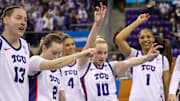TCU Women's Basketball celebrating after a win against FDU, 03/21/2025