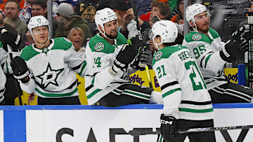 Mar 26, 2025; Edmonton, Alberta, CAN; The Dallas Stars celebrate a goal by Dallas Stars forward Jason Robertson (21) after scoring three goals during the second period against the Edmonton Oilers at Rogers Place. Mandatory Credit: Perry Nelson-Imagn Images
