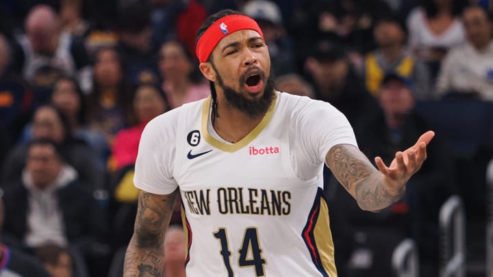 Mar 28, 2023; San Francisco, California, USA; New Orleans Pelicans small forward Brandon Ingram (14) questions the call after a play against the Golden State Warriors during the first quarterat Chase Center.