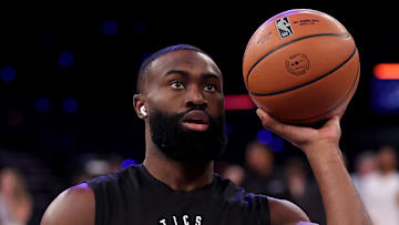 May 16, 2025; New York, New York, USA; Boston Celtics guard Jaylen Brown (7) warms up before game six in the second round of the 2025 NBA Playoffs against the New York Knicks at Madison Square Garden. Mandatory Credit: Brad Penner-Imagn Images