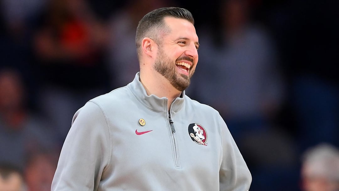 Jan 13, 2026; Syracuse, New York, USA; Florida State Seminoles head coach Luke Loucks reacts prior to the game against the Syracuse Orange at the JMA Wireless Dome. Mandatory Credit: Rich Barnes-Imagn Images