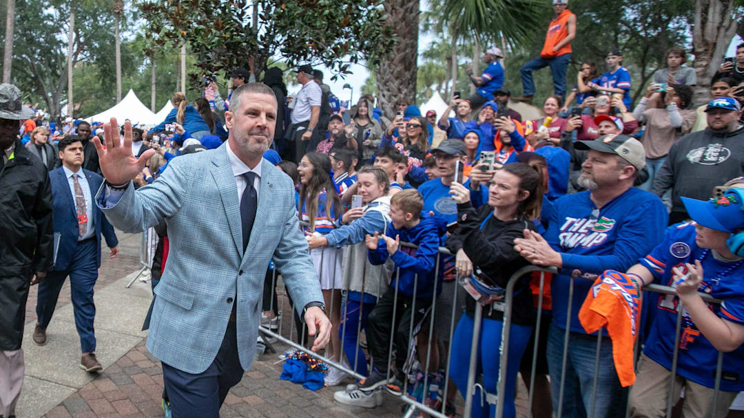 Florida Gators head coach Billy Napier waves to fans during Gator Walk before Florida takes in Florida State at Steve Spurrier Field at Ben Hill Griffin Stadium in Gainesville, FL on Saturday, November 25, 2023. [Alan Youngblood/Gainesville Sun]