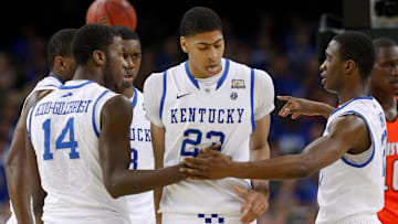 UK's Anthony Davis, #23, center, is congratulated by teammates Michael Kidd-Gilchrist, #14, left, and Doron Lamb, #20, right, after a play during the Final Four in New Orleans.Mar. 31, 2012

Lcjdc5 649i1tli51xpzvslng6 Original