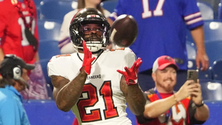 Oct 26, 2023; Orchard Park, New York, USA; Tampa Bay Buccaneers running back Ke'Shawn Vaughn (21) warms up prior to the game against the Buffalo Bills at Highmark Stadium. Mandatory Credit: Gregory Fisher-USA TODAY Sports