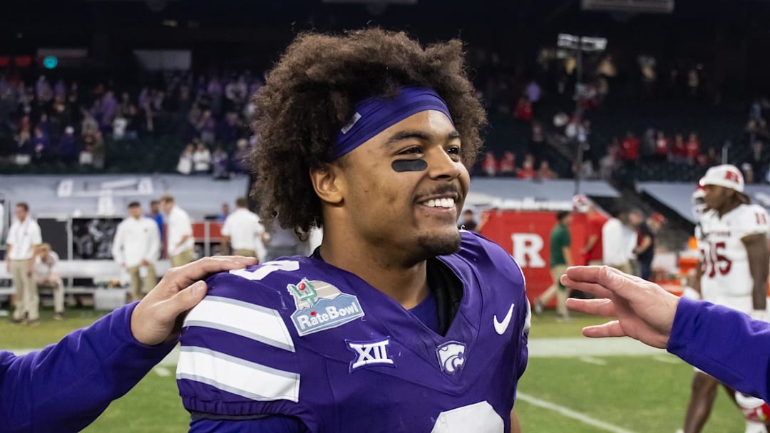 Dec 26, 2024; Phoenix, AZ, USA; Kansas State Wildcats running back Dylan Edwards (3) against the Rutgers Scarlet Knights during the Rate Bowl at Chase Field. Mandatory Credit: Mark J. Rebilas-Imagn Images