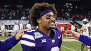 Dec 26, 2024; Phoenix, AZ, USA; Kansas State Wildcats running back Dylan Edwards (3) against the Rutgers Scarlet Knights during the Rate Bowl at Chase Field. Mandatory Credit: Mark J. Rebilas-Imagn Images