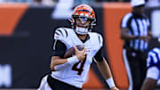 Aug 23, 2025; Cincinnati, Ohio, USA; Cincinnati Bengals quarterback Desmond Ridder (4) runs with the ball against the Indianapolis Colts in the second half at Paycor Stadium. Mandatory Credit: Katie Stratman-Imagn Images