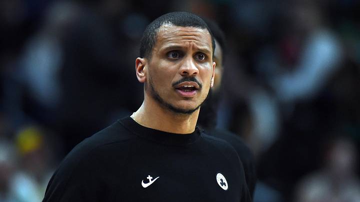 Feb 25, 2026; Denver, Colorado, USA; Boston Celtics Joe Mazzulla yells toward a referee during the first half against the Denver Nuggets at Ball Arena. Mandatory Credit: Christopher Hanewinckel-Imagn Images