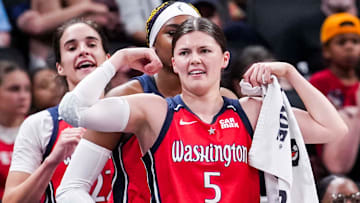 Washington Mystics guard Jade Melbourne celebrates her teammates during a game aaginst the Indiana Fever. 