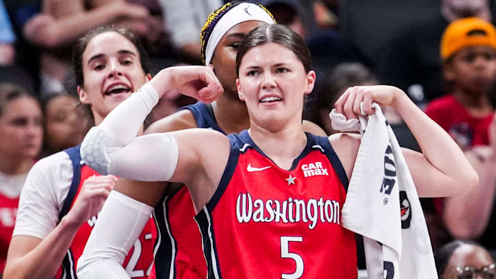Washington Mystics guard Jade Melbourne celebrates her teammates during a game aaginst the Indiana Fever. Washington Mystics guard Jade Melbourne celebrates her teammates during a game aaginst the Indiana Fever.