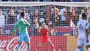 Mar 1, 2025; Sandy, Utah, USA; Seattle Sounders goalkeeper Stefan Frei (24) saves a shot by Real Salt Lake during the second half at America First Field. Mandatory Credit: Rob Gray-Imagn Images