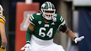 Dec 30, 2022; Tucson, AZ, USA; Ohio Bobcats offensive lineman Shedrick Rhodes Jr. (64) against the Wyoming Cowboys during the 2022 Barstool Sports Arizona Bowl at Arizona Stadium. Mandatory Credit: Mark J. Rebilas-Imagn Images