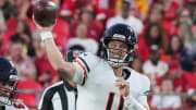 Aug 22, 2024; Kansas City, Missouri, USA; Chicago Bears quarterback Brett Rypien (11) throws a pass against the Kansas City Chiefs during the game at GEHA Field at Arrowhead Stadium. Mandatory Credit: Denny Medley-USA TODAY Sports