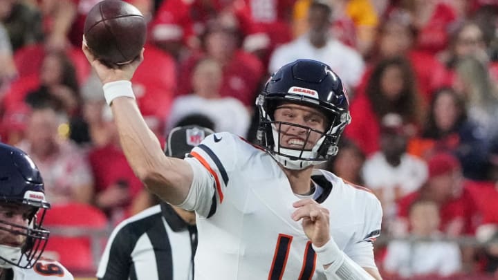 Aug 22, 2024; Kansas City, Missouri, USA; Chicago Bears quarterback Brett Rypien (11) throws a pass against the Kansas City Chiefs during the game at GEHA Field at Arrowhead Stadium. Mandatory Credit: Denny Medley-USA TODAY Sports