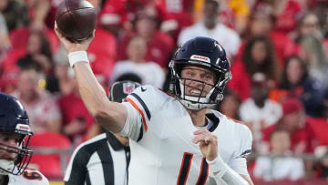 Aug 22, 2024; Kansas City, Missouri, USA; Chicago Bears quarterback Brett Rypien (11) throws a pass against the Kansas City Chiefs during the game at GEHA Field at Arrowhead Stadium. Mandatory Credit: Denny Medley-USA TODAY Sports