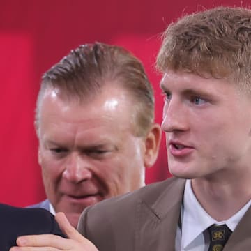 Jun 25, 2025; Brooklyn, NY, USA;  Kasparas Jakucionis reacts after being selected as the 20th pick by the Miami Heat in the first round of the 2025 NBA Draft at Barclays Center. Mandatory Credit: Brad Penner-Imagn Images