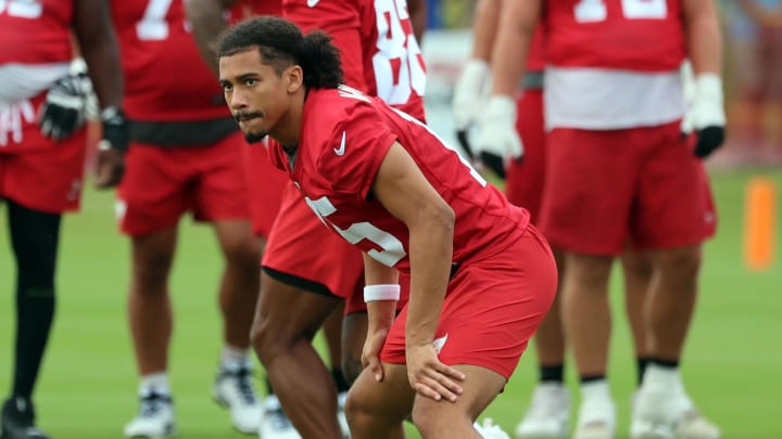 Jul 25, 2024; Tampa, FL, USA; Tampa Bay Buccaneers wide receiver Jalen McMillan (15) works out during training camp at AdventHealth Training Center. Mandatory Credit: Kim Klement Neitzel-USA TODAY Sports