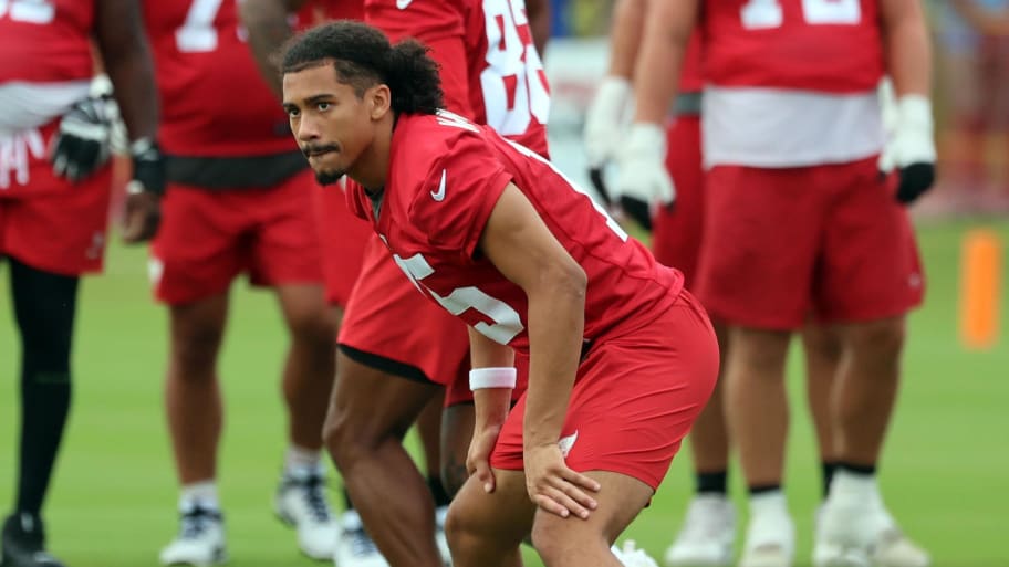 Jul 25, 2024; Tampa, FL, USA; Tampa Bay Buccaneers wide receiver Jalen McMillan (15) works out during training camp at AdventHealth Training Center. Mandatory Credit: Kim Klement Neitzel-USA TODAY Sports | Kim Klement Neitzel-USA TODAY Sports