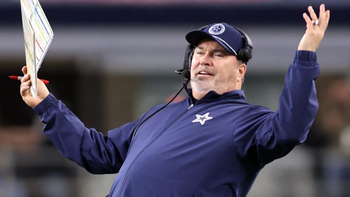Dec 9, 2024; Arlington, Texas, USA; Former Dallas Cowboys head coach Mike McCarthy reacts after a play against the Cincinnati Bengals at AT&T Stadium.