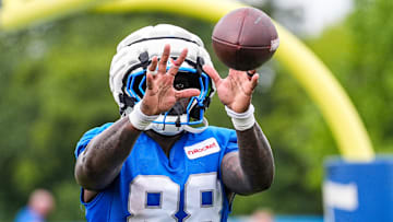 Detroit Lions tight end Kenny Yeboah (88) practices during training camp at Meijer Performance Center in Allen Park on Monday, July 28, 2025.