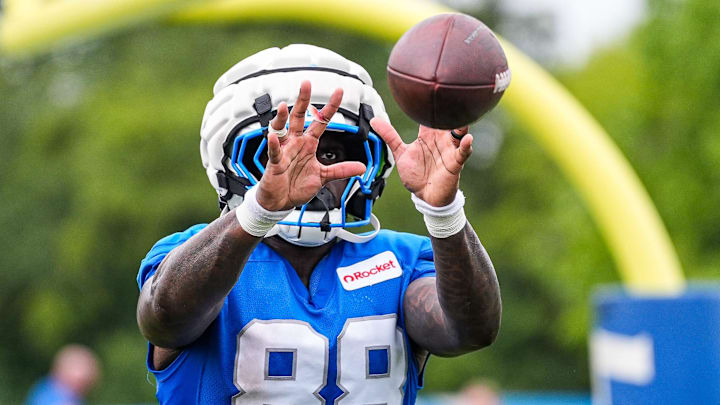 Detroit Lions tight end Kenny Yeboah (88) practices during training camp at Meijer Performance Center in Allen Park on Monday, July 28, 2025.