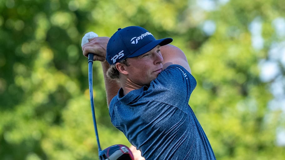 Frankie Capan III tees off on hole 9 at the Ohio State Golf Course during the third round of the Korn Ferry golf tournament