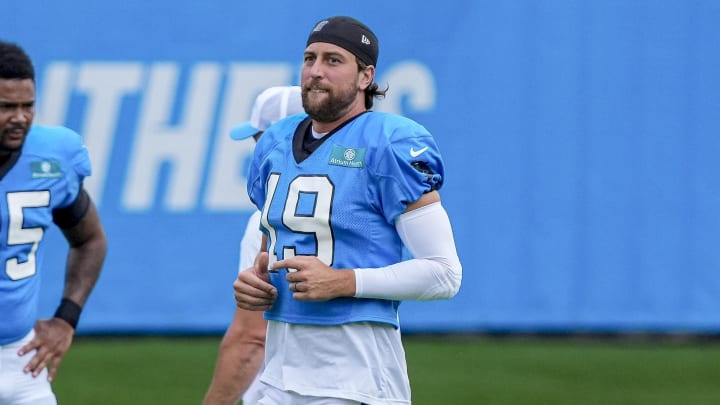 Jul 30, 2024; Charlotte, NC, USA; Carolina Panthers wide receiver Adam Thielen (19) warms up at Carolina Panthers Practice Fields. Mandatory Credit: Jim Dedmon-USA TODAY Sports