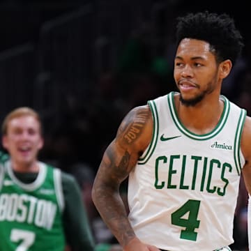 Oct 29, 2025; Boston, Massachusetts, USA; Boston Celtics guard Anfernee Simons (4) reacts after his three point basket against the Cleveland Cavaliers in the second half at TD Garden. Mandatory Credit: David Butler II-Imagn Images