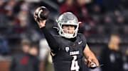 Nov 15, 2025; Pullman, Washington, USA; Washington State Cougars quarterback Zevi Eckhaus (4) throws a pass against the Louisiana Tech Bulldogs in the second half at Gesa Field at Martin Stadium. Mandatory Credit: James Snook-Imagn Images