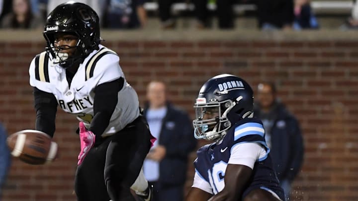 Gaffney defensive back breaks up the pass intended for Dorman  Friday, Oct. 24, 2025, during the SCHSL football game at Dorman High School in Roebuck, South Carolina.