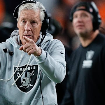 Nov 6, 2025; Denver, Colorado, USA; Las Vegas Raiders head coach Pete Carroll gestures in the fourth quarter against the Denver Broncos at Empower Field at Mile High. Mandatory Credit: Isaiah J. Downing-Imagn Images