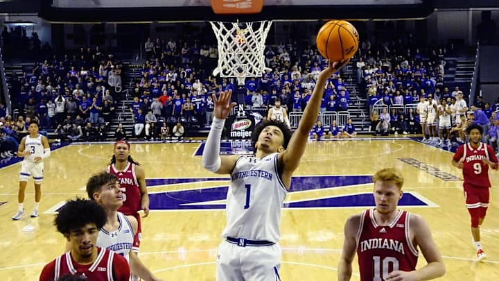 Jan 22, 2025; Evanston, Illinois, USA; Northwestern Wildcats guard Jalen Leach (1) shoots the ball against the Indiana Hoosiers during the first half at Welsh-Ryan Arena. Mandatory Credit: David Banks-Imagn Images Jan 22, 2025; Evanston, Illinois, USA; Northwestern Wildcats guard Jalen Leach (1) shoots the ball against the Indiana Hoosiers during the first half at Welsh-Ryan Arena. Mandatory Credit: David Banks-Imagn Images