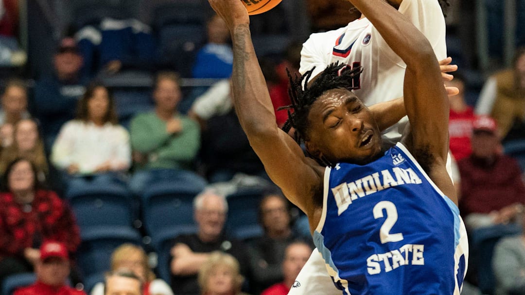 Indiana State's Samage Teel (2) steals the ball 