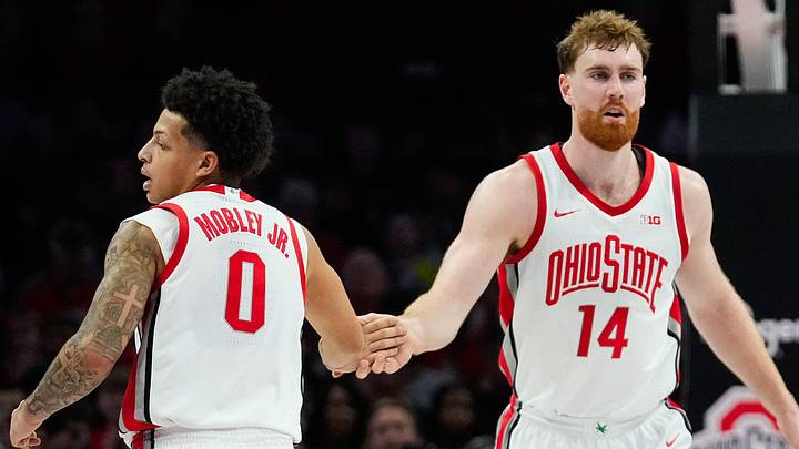 Ohio State Buckeyes guard John Mobley Jr. (0) high-fives forward Brandon Noel (14) in the first half of the NCAA men’s basketball game Value City Arena on Tuesday, Dec. 23, 2025 in Columbus, Ohio.