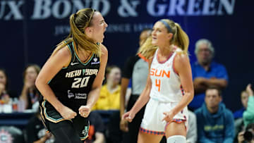 Aug 3, 2025; Uncasville, Connecticut, USA; New York Liberty guard Sabrina Ionescu (20) reacts after her basket against the Connecticut Sun in the first half at Mohegan Sun Arena. Mandatory Credit: David Butler II-Imagn Images