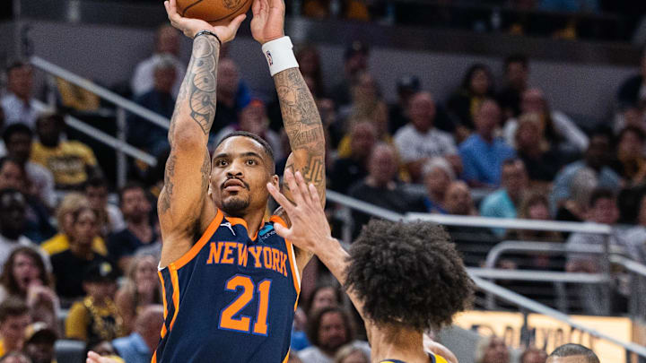 May 12, 2024; Indianapolis, Indiana, USA;  New York Knicks forward Mamadi Diakite (21) shoots the ball while Indiana Pacers guard Kendall Brown (10) defends during game four of the second round for the 2024 NBA playoffs at Gainbridge Fieldhouse. Mandatory Credit: Trevor Ruszkowski-Imagn Images