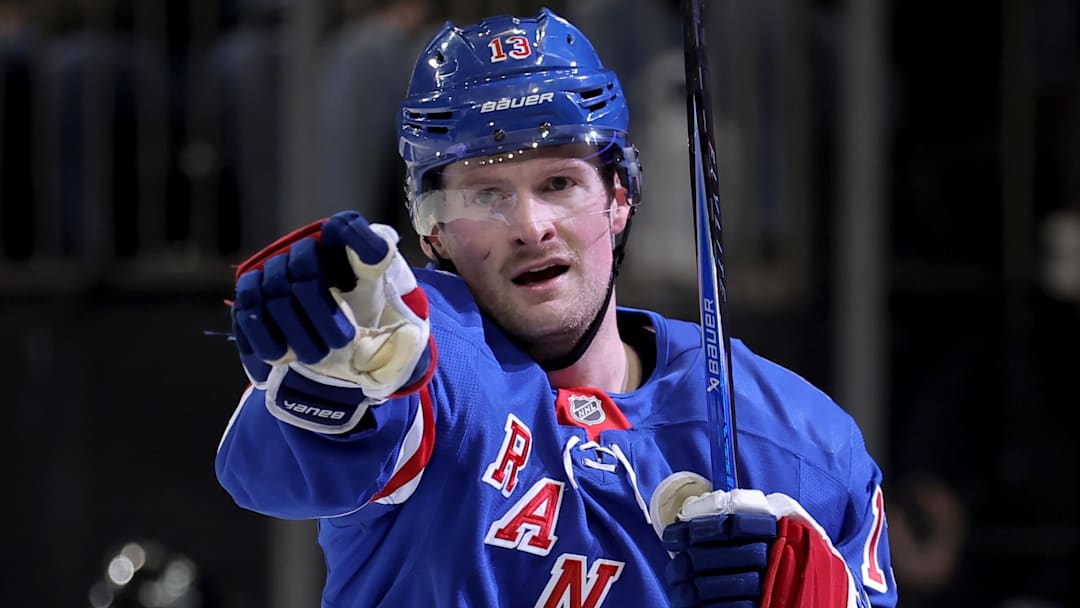 Jan 5, 2026; New York, New York, USA; New York Rangers left wing Alexis Lafreniere (13) celebrates his goal against the Utah Mammoth during the second period at Madison Square Garden. Mandatory Credit: Brad Penner-Imagn Images