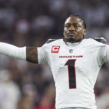 Sep 15, 2024; Houston, Texas, USA; Houston Texans wide receiver Stefon Diggs (1) reacts after a play during the second quarter against the Chicago Bears at NRG Stadium. Mandatory Credit: Troy Taormina-Imagn Images