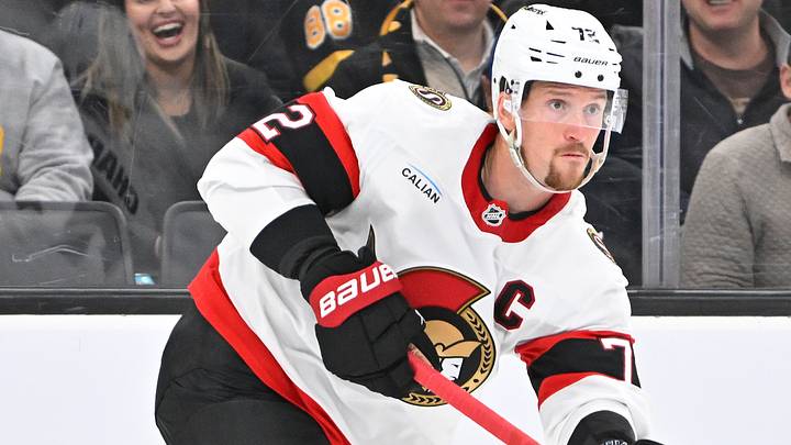 Oct 5, 2026; Boston, Massachusetts, USA; Ottawa Senators defenseman Thomas Chabot (72) passes the puck against the Ottawa Senators during the third period at TD Garden. Mandatory Credit: Eric Canha-Imagn Images
