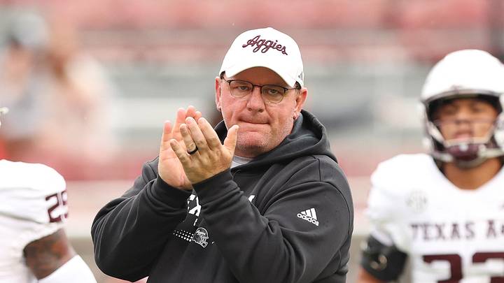 Oct 18, 2025; Fayetteville, Arkansas, USA; Texas A&M Aggies head coach Mike Elko prior to the game against the Arkansas Razorbacks at Donald W. Reynolds Razorback Stadium. Mandatory Credit: Nelson Chenault-Imagn Images